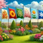 Seasonal garden flags in a vibrant garden with colouful flowers, representing all seasons