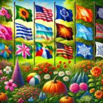 "A vibrant garden scene with various seasonal garden flags representing spring, summer, autumn, and winter themes, fluttering in the breeze amidst a lush, green garden."