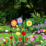 Various spring garden flags with floral and pastel designs enhancing a backyard space