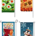 Seasonal flags showing flowers, beaches,leaves,and snowflakes for spring, summer,autumn,and winter