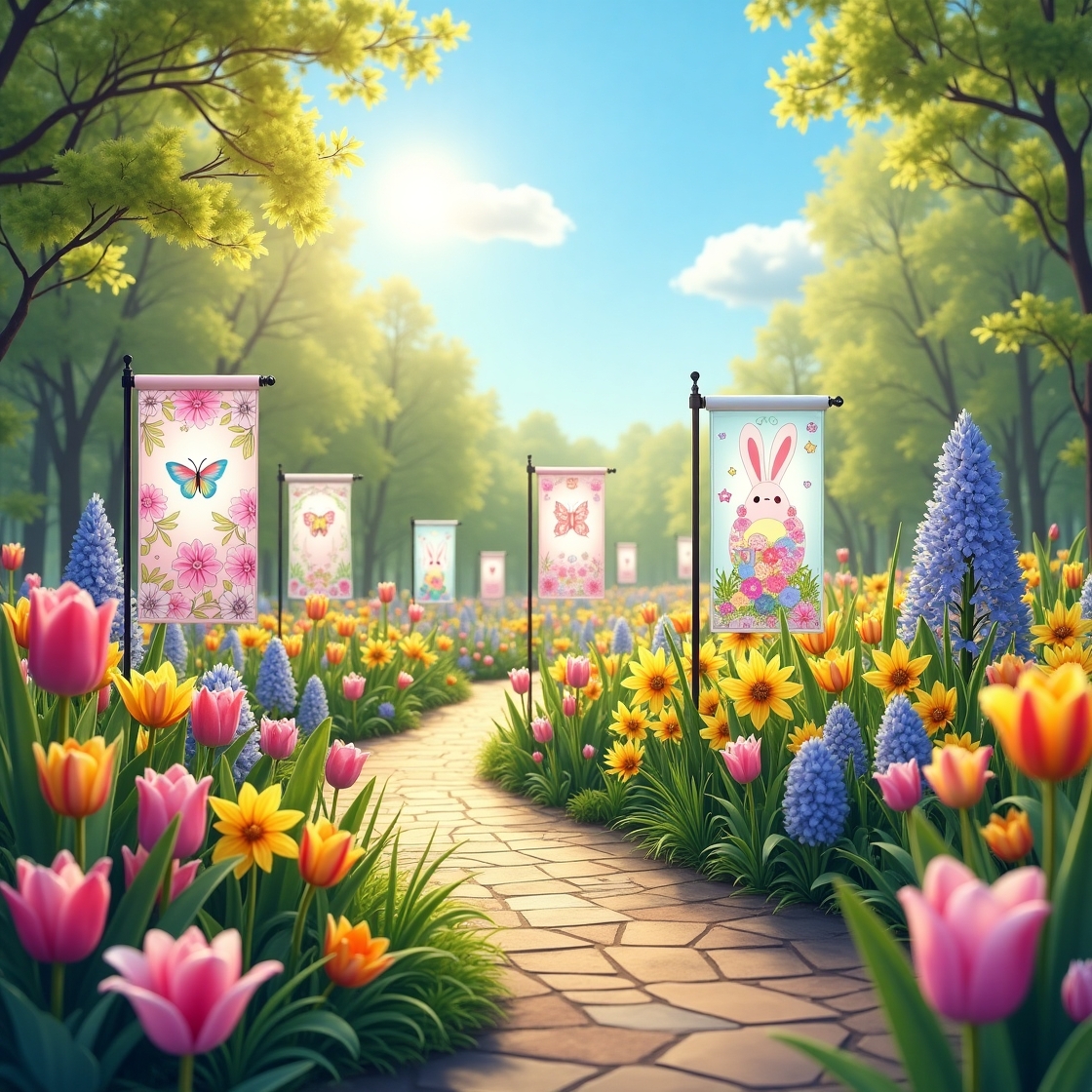 Alively spring garden with colorful seasonal flags featuring floral and buuterfly designs