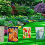 Pathway with colorful seasonal garden flags on both sides