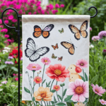 Spring garden flag featuring butterflies, flowers, and baby animals