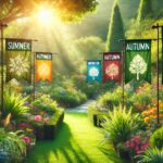 A picturesque garden with seasonal flags creating a festive and vibrant atmosphere