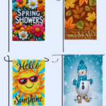 Seasonal garden flags featuring vibrant spring tulips and butterflies, summer palm trees and sunshine, autumn pumpkins with falling leaves, and winter snowflakes alongside a cheerful snowman.