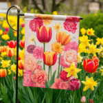 Bright floral garden flag complementing tulips and daffodils in a spring garden."