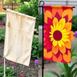 Comparison of a faded and a well-preserved garden flag exposed to different weather conditions."
