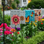 "Beautiful backyard decorated with vibrant seasonal garden flags for a refreshing outdoor look."