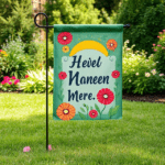 Large spring garden flag displayed in the center of a well-manicured lawn."