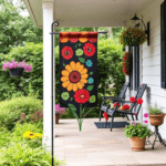 "Seasonal garden flag enhancing the decor of a wooden porch with potted plants."