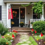 A home entrance, garden pathway, and porch decorated with seasonal flags for a welcoming appearance. Seasonal Flags and House Flags."