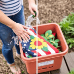 "A person gently washing a seasonal flag and storing it properly in a labeled container for longevity. Seasonal Flags and House Flags."