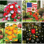 A collage of Unique and Beautiful Garden Flags showcasing designs for spring flowers, summer patriotism, autumn leaves, and winter holiday themes.
