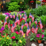 A garden decorated with Unique and Beautiful Garden Flags, featuring multiple small yard flags surrounded by matching plants, lanterns, and outdoor ornaments to create a cohesive look.