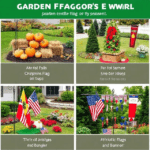 A seasonal garden display with Unique and Beautiful Garden Flags, featuring fall-themed pumpkins, a Christmas flag with snow decorations, and a patriotic 4th of July flag, celebrating every season.